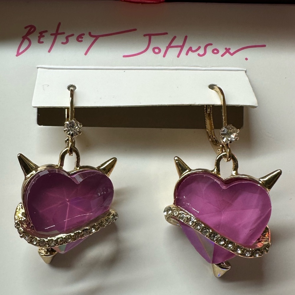 Betsey Johnson Gold Tone & Pink Devil Heart Drop Earrings Crystal Accents